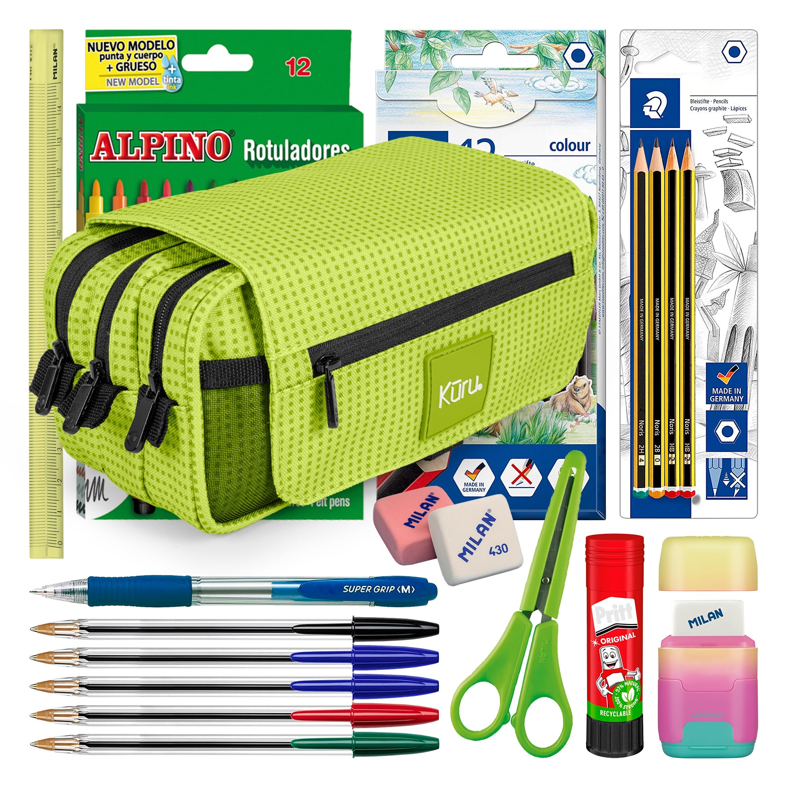 ColePack Kuru22 - Estuche Triple de 3 Cremalleras con Material Escolar Incluido. Lima