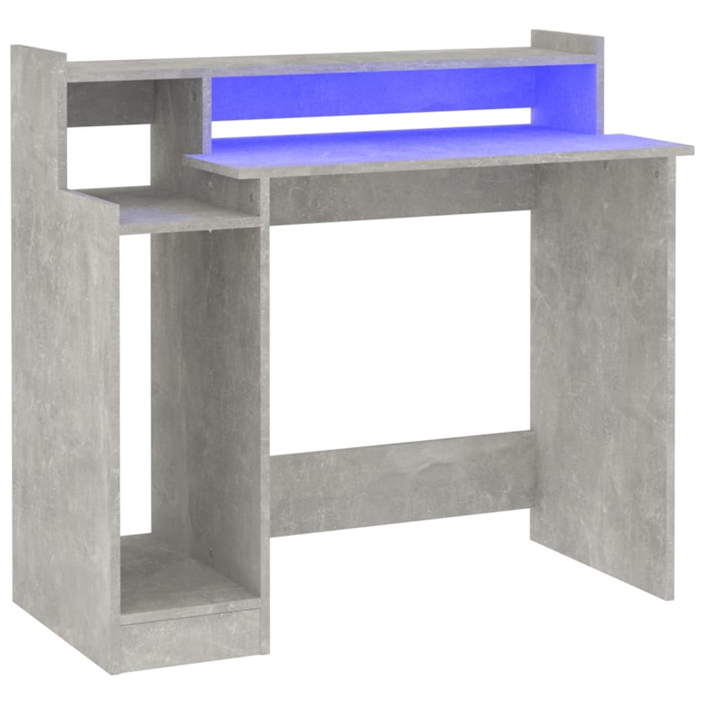 vidaXL Escritorio LED madera contrachapada gris hormigón 97x45x90 cm