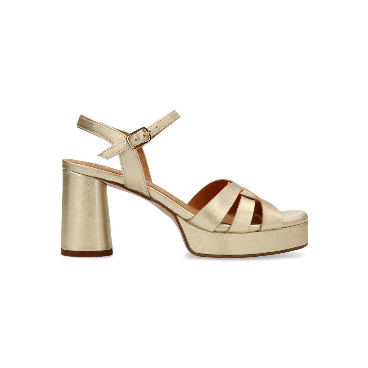 Pedro Miralles - Sandalias de fiesta metalizadas para mujer, con tiras y hebilla, tacón 8 cm y plataforma 2,5 cm, piel genuina, estilo envolvente elegante