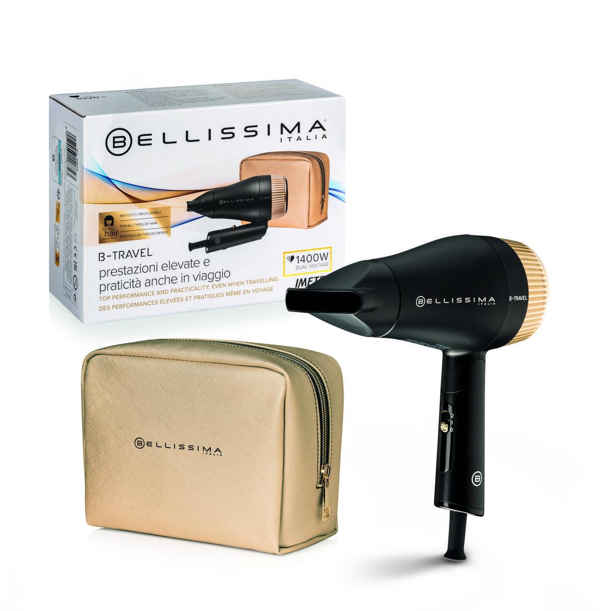 Bellissima B-Travel - Secador De Pelo De Viaje, Compacto Y Portátil, Mango Plegable, Potencia 1400W, Doble Voltaje, Concentrador De Precisión, Estuche