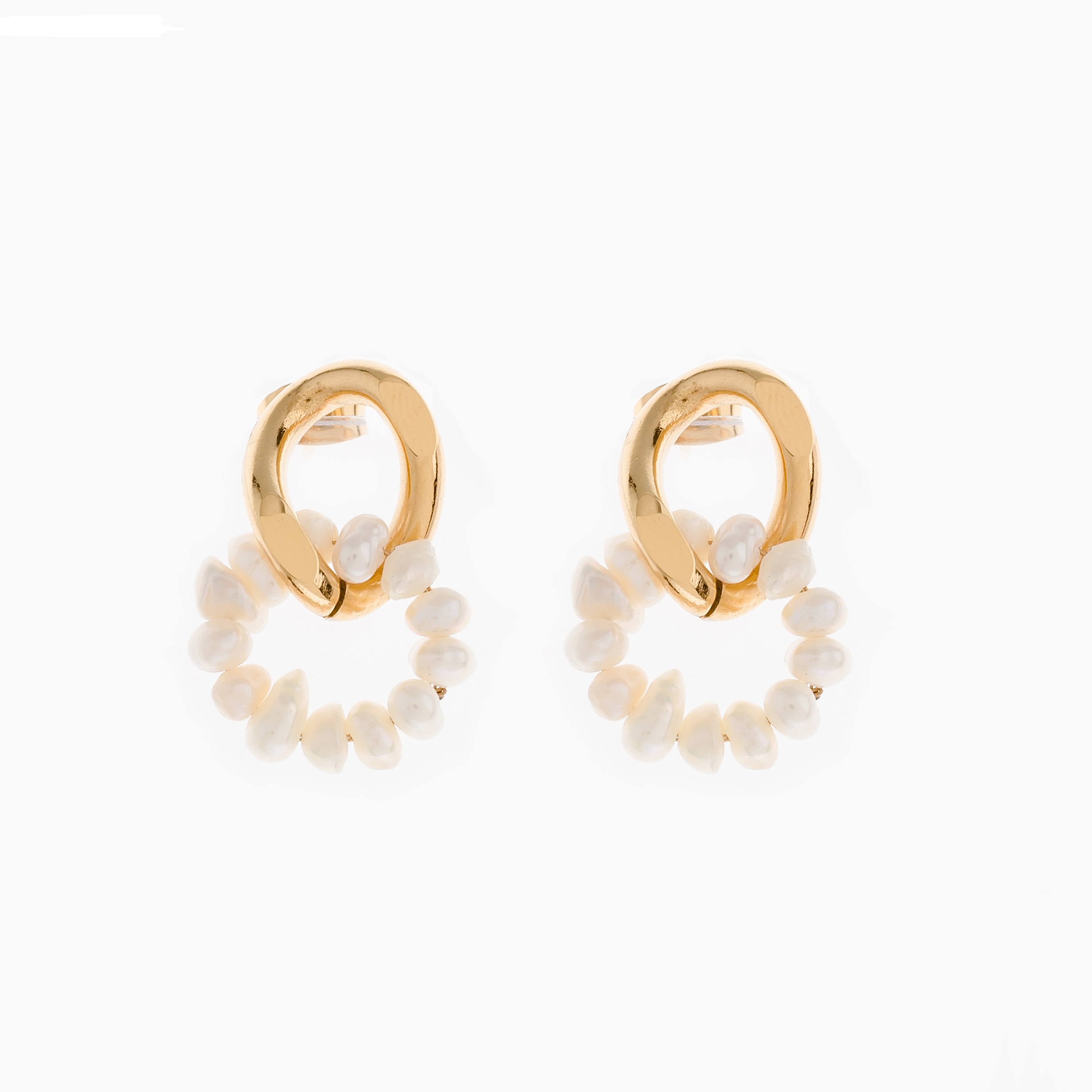 Pendiente Eslabón Cadena y Circulo Perlas Blanca Dorado Acero Inoxidable SLE CHIC
