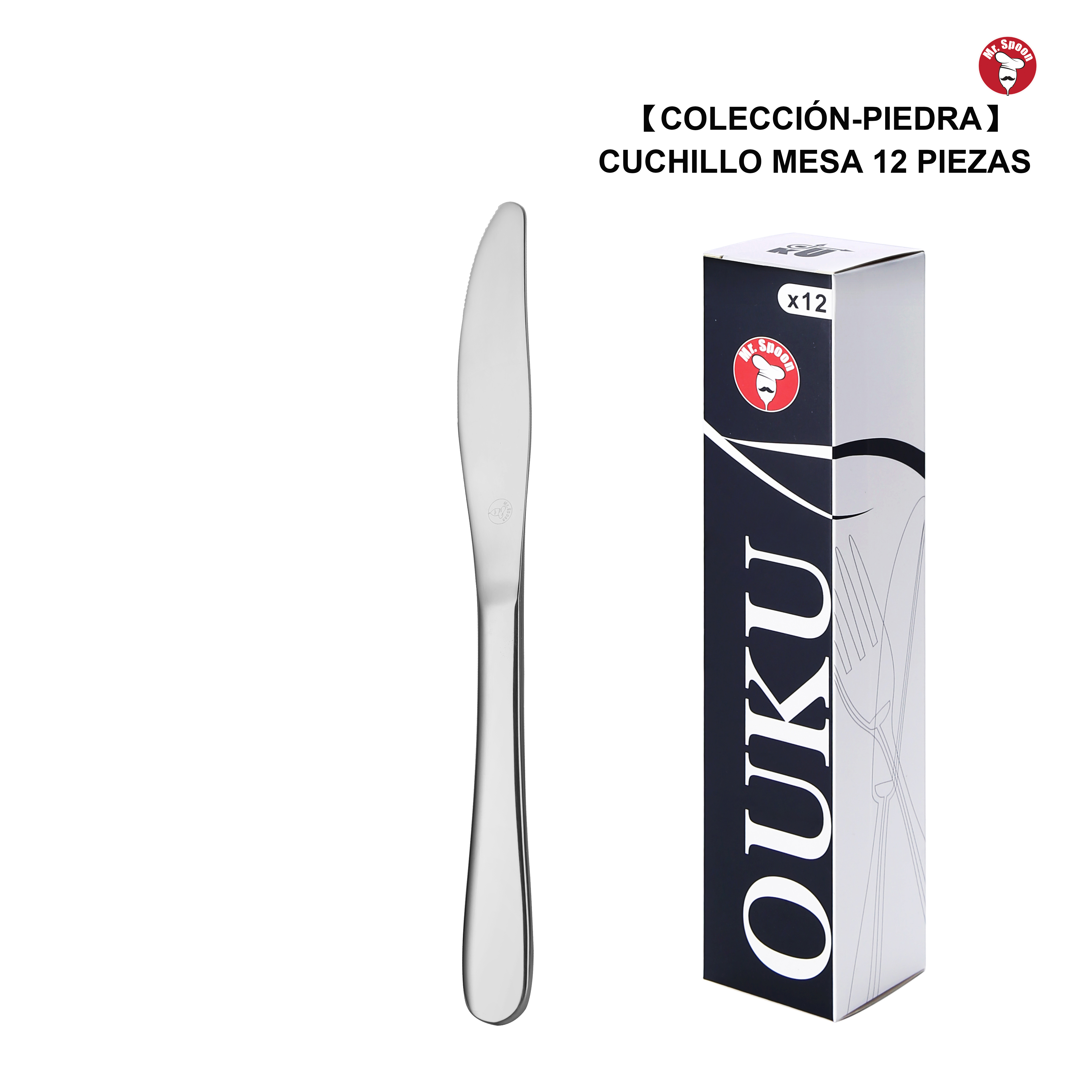 Mr.Spoon Serie Piedra 12 Piezas 48 Piezas 240 Piezas económico,Acero inoxidable 13/0,Cuchillo mesa,Largo 227mm grosor 5mm,Cubiertos mango monobloque,Aptos para lavavajillas,Caja Envase Ecológico,Para Casa,Hotel,Restaurante 60102