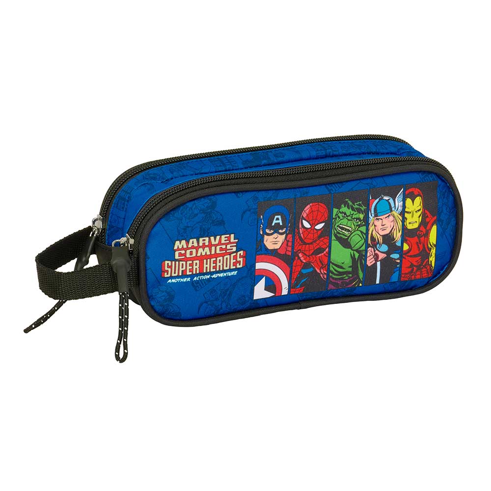 SAFTA | Portatodo Doble Avengers Marvel Comics Super Heroes, Estuche Escolar Juvenil con Dos Compartimentos Separados y Cremalleras, Asa Lateral de Mano, Organizador para Vuelta al Cole, Azul