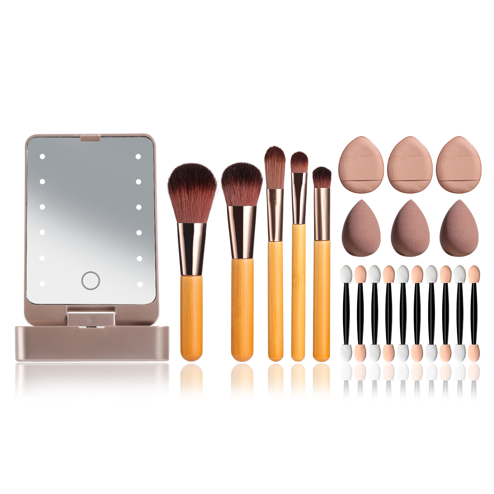 Kit de brochas de viaje portátil (5 pinceles) – Incluye esponja beauty mini, mango de bambú y espejo con LED