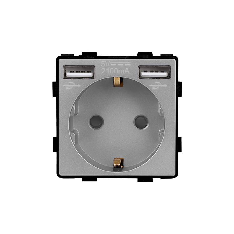 LEDBOX Base Enchufe EU tipo SCHUKO 16A + cargador rápido USB A+A KOOB, gris. Sistemas de control, Mecanismos KOOB
