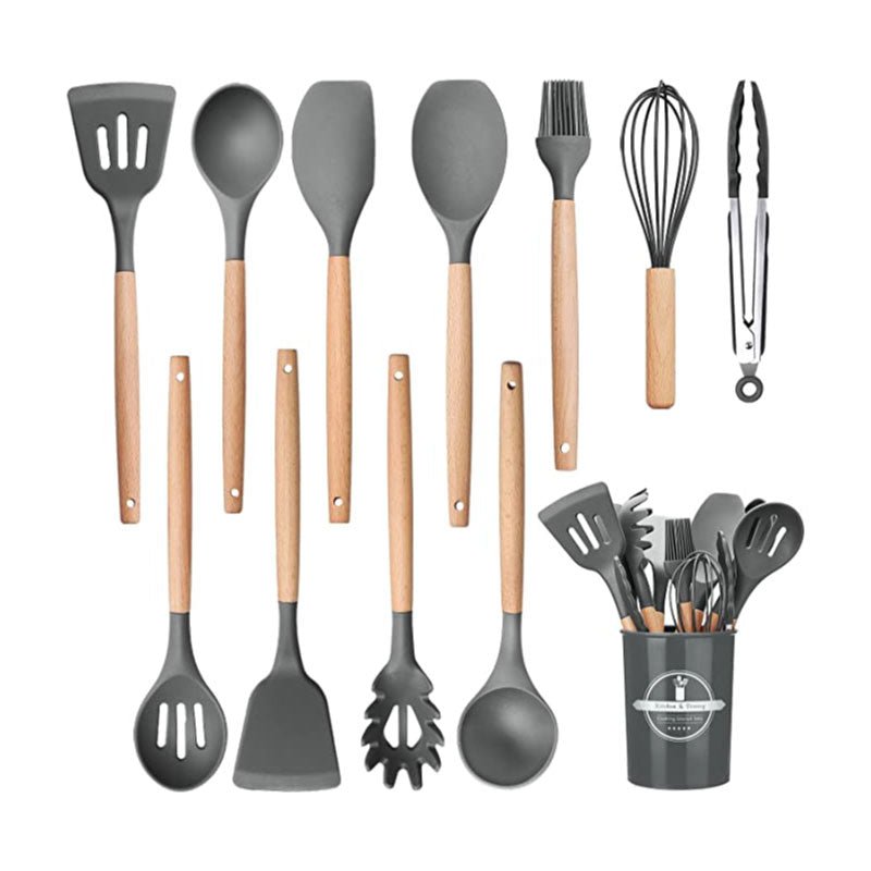 Juego de 11 Utensilios de Cocina de Silicona utensilios antiadherentes con mango de madera, pala, espátula, batidores de huevos, caja de almacenamiento, utensilios para hornear saludables, 12 piezas