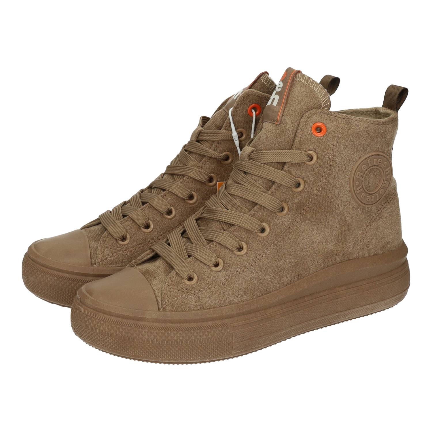 Botines marca REFRESH para mujer en color taupe. Botines de mujer Refresh con tacón ancho y cremallera lateral, diseño en antelina color taupe