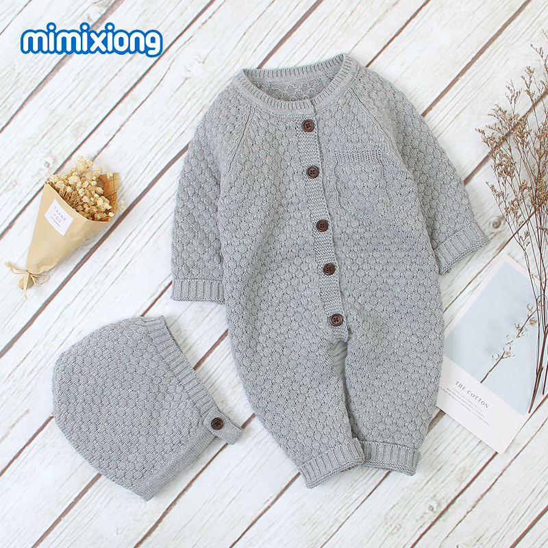 OmHO Nuevo mono de otoño para bebé, mono de punto con botones delanteros, gorro cálido, ropa de gateo de algodón para recién nacidos