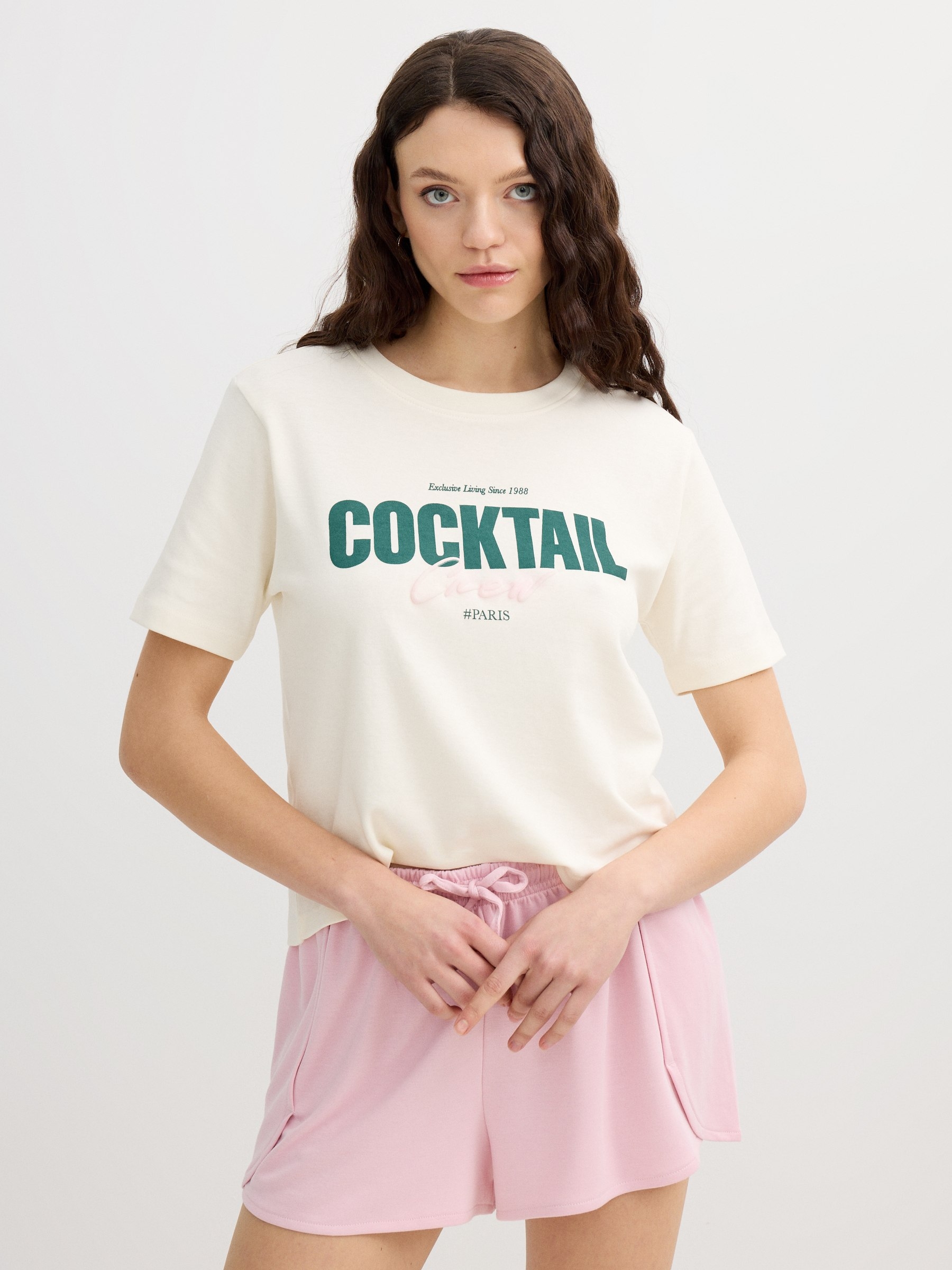 Camiseta de algodón, manga corta, ajuste regular, cuello redondo, estampado frontal de texto INSIDE