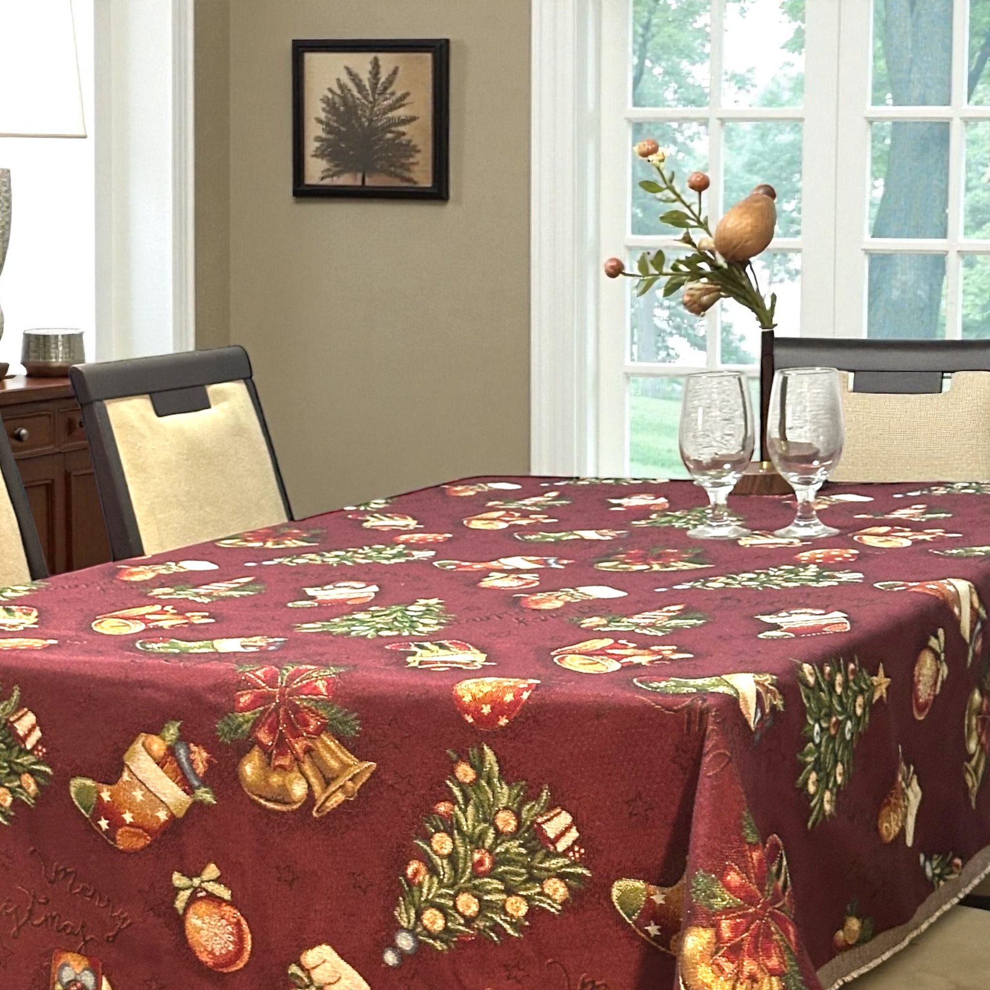 Mantel Navideño de Jacquard, Diseño de Copos de Nieve Dorados, Decoración Elegante para Mesa de Comedor, Fabricado en España, Estilo Moderno para Cenas Familiares y Fiestas