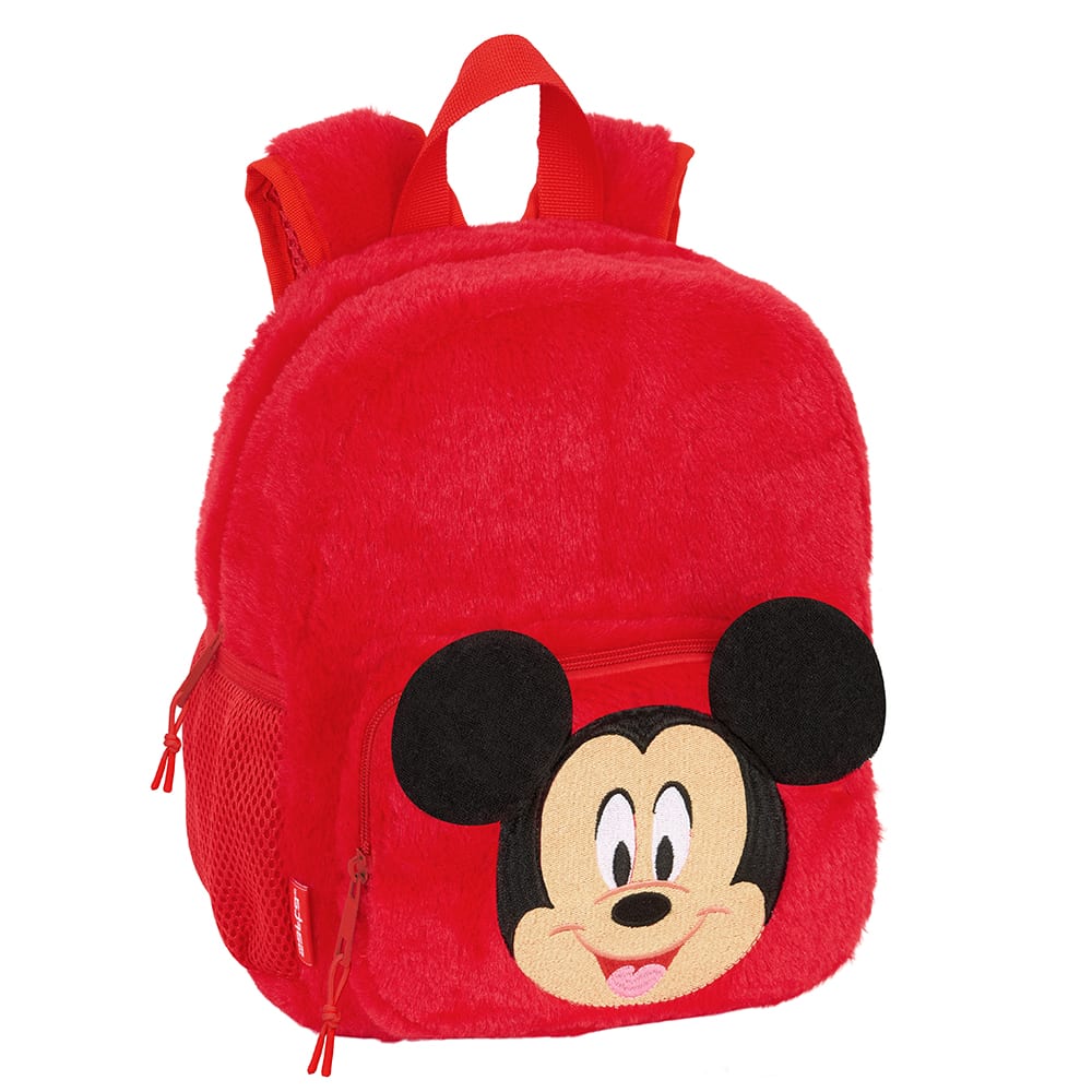 SAFTA | Mochila Escolar Guardería Disney Mickey Mouse 22 x 27 x 10 Cm (5,9 Litros), De Peluche, Infantil Suave y Acolchada, Asa Superior y Bolsillo Frontal con Cremallera, Laterales de Rejilla, Tarjeta Identificación