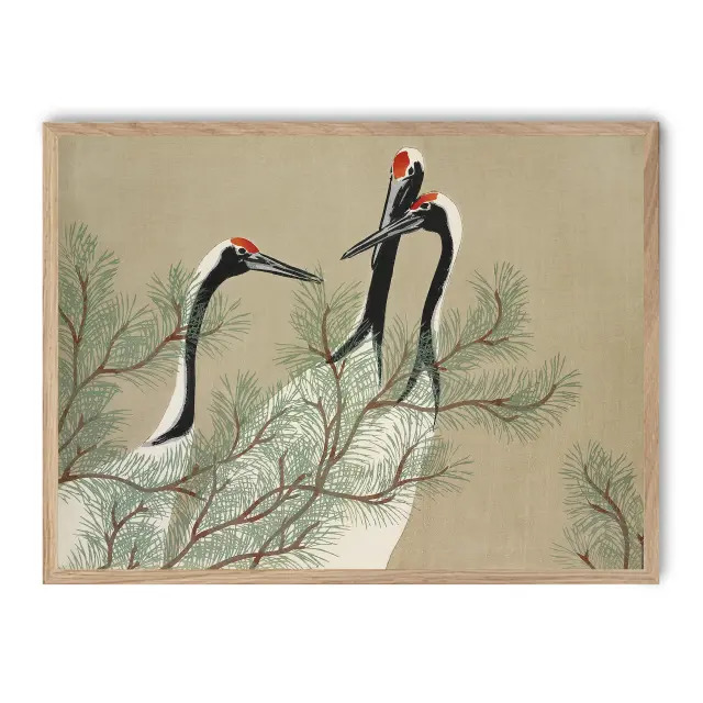 Cuadro cranes in branches 30x40cm, Póster impreso en papel de primera calidad de 180gr, montado sobre marco de madera MDF acabado roble., Arte - Japonés