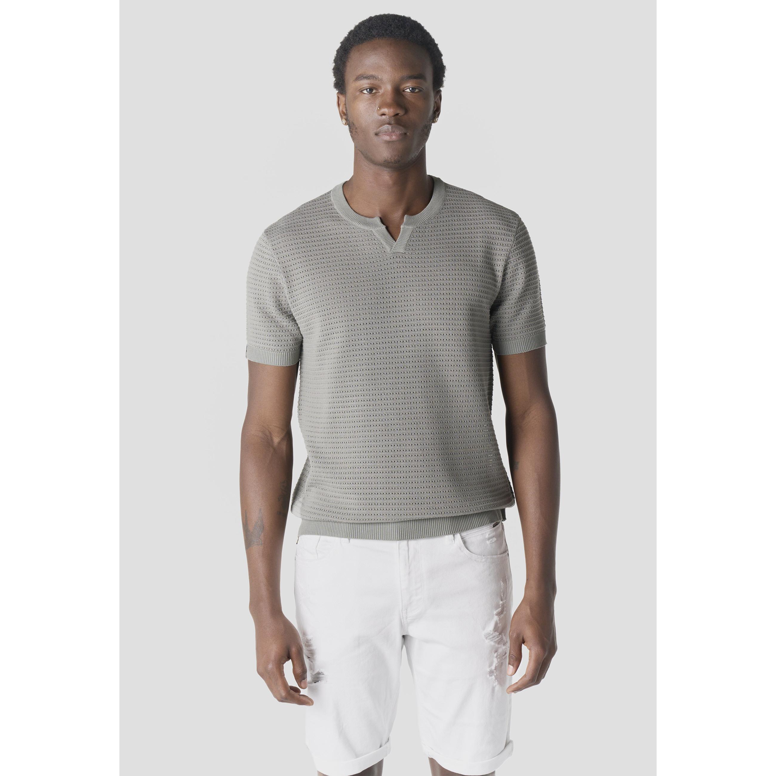 Koroshi - Camiseta hombre manga corta Henley de punto tricot 100% algodón color kaki para look smart casual verano