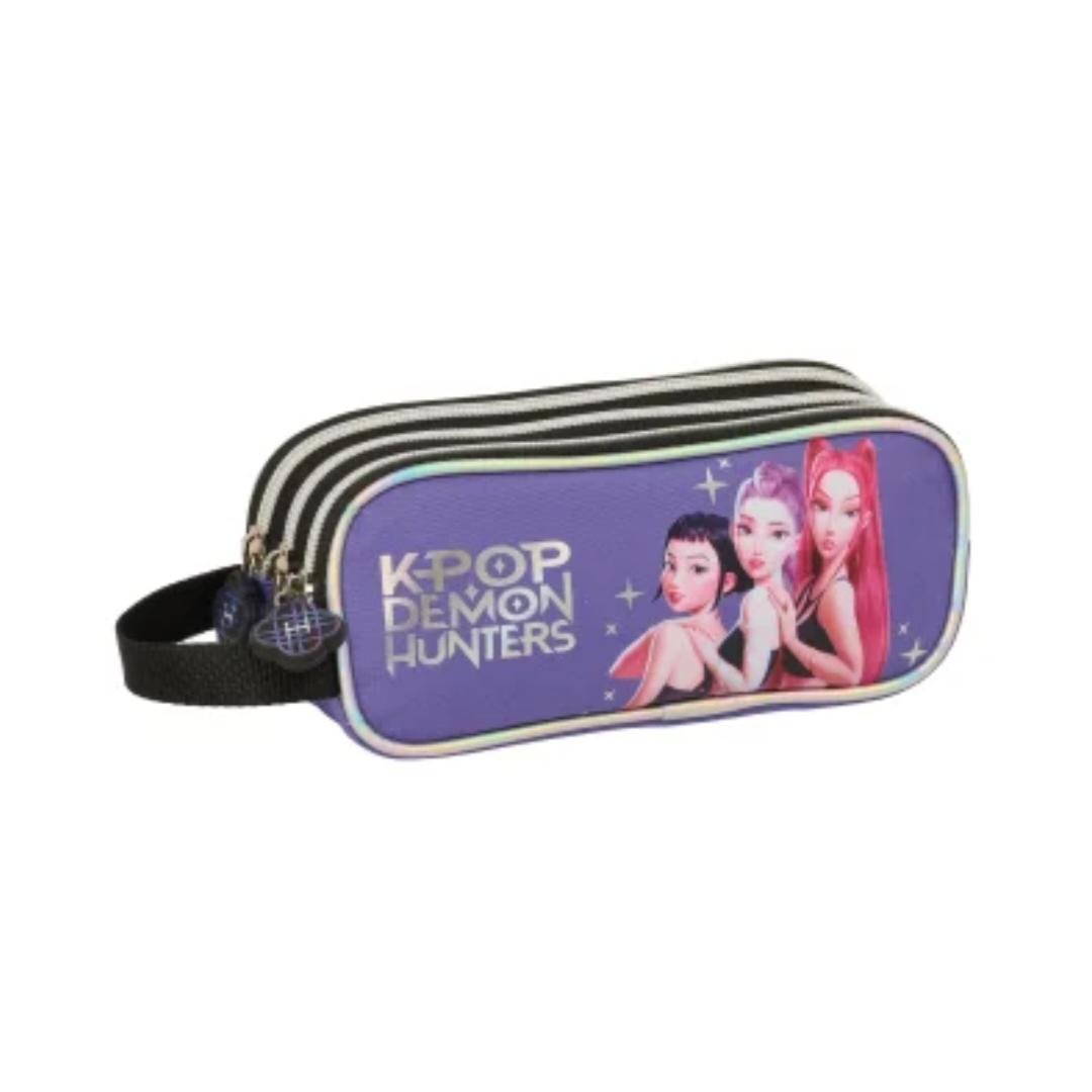 Safta - Estuche escolar triple K-Pop Demon Hunters morado con 3 compartimentos y cremallera para organizar material de papelería