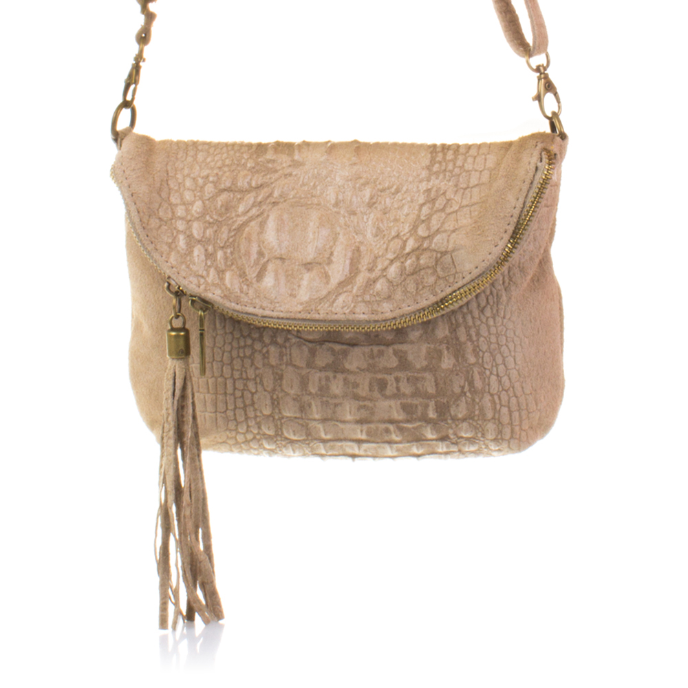 Firenze Artegiani. Cenerente Bolso bandolera Mujer.Piel auténtica Gamuza Grabado Cocodrilo . Made in Italy. Vera Pelle Italiana.