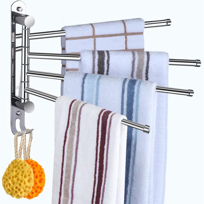 Toallero giratorio de 4 brazos de acero inoxidable SUS304, ahorro de espacio en el baño
