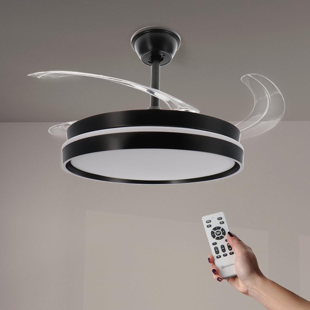 IluminaShop Ventilador de Techo con luz LED,Motor DC 30W+Luz 40W, Luz CCT Regulable y Control de Intensidad, Función Silenciosa, 6 Velocidades, 4 Aspas Retráctiles [Clase de eficiencia energética A]