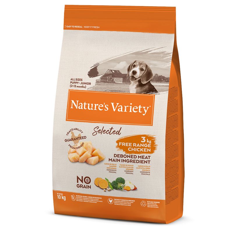 10 Kg Nature's Variety Pienso Selected No Grain de Pollo en Libertad para Perros Junior