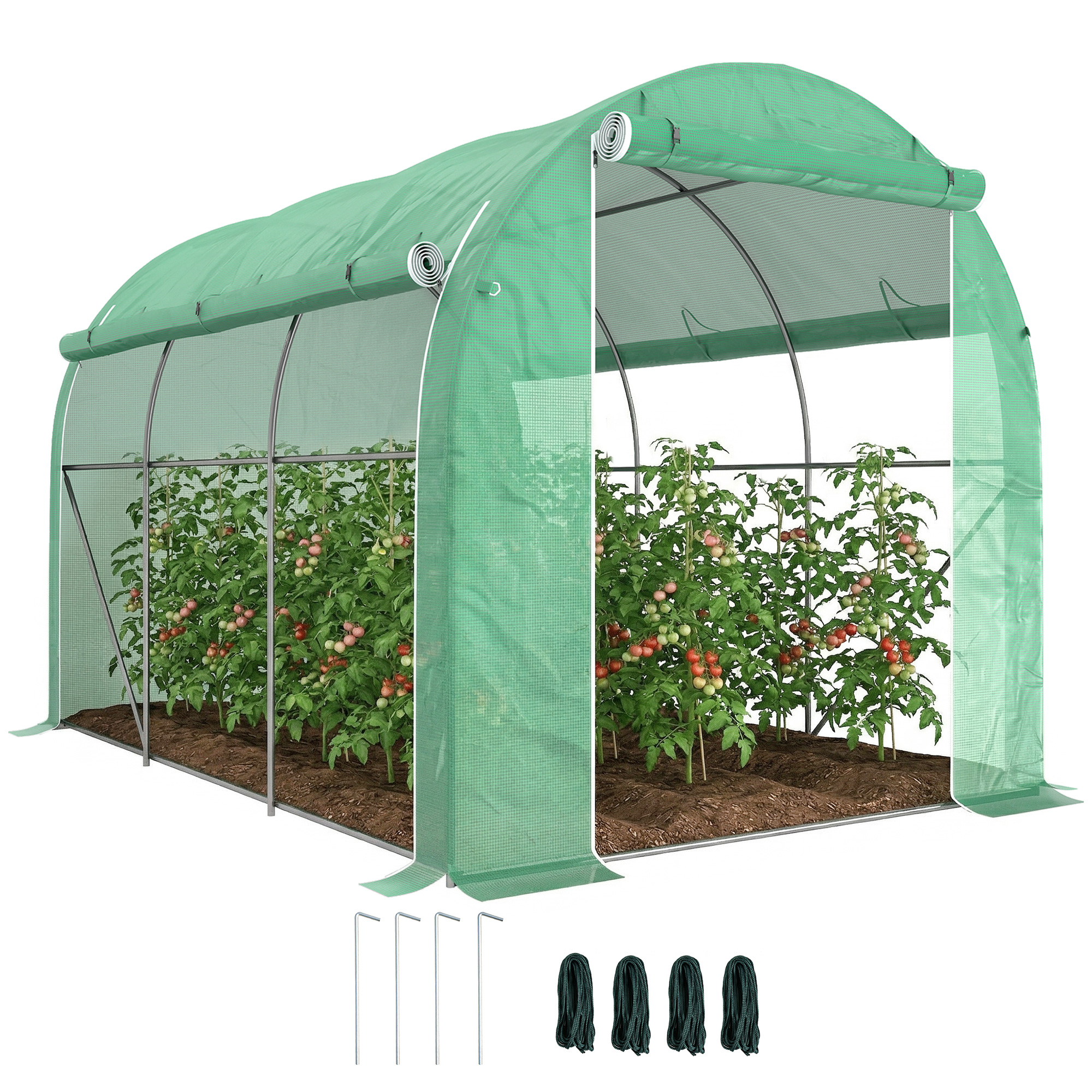 Outsunny Invernadero de Túnel 296x196x200 cm Invernadero de Jardín con 3 Puertas Enrollables 6 Ventanas Cubierta PE 140g/m² Estructura de Acero Galvanizado para Cultivos Plantas Flores Verde