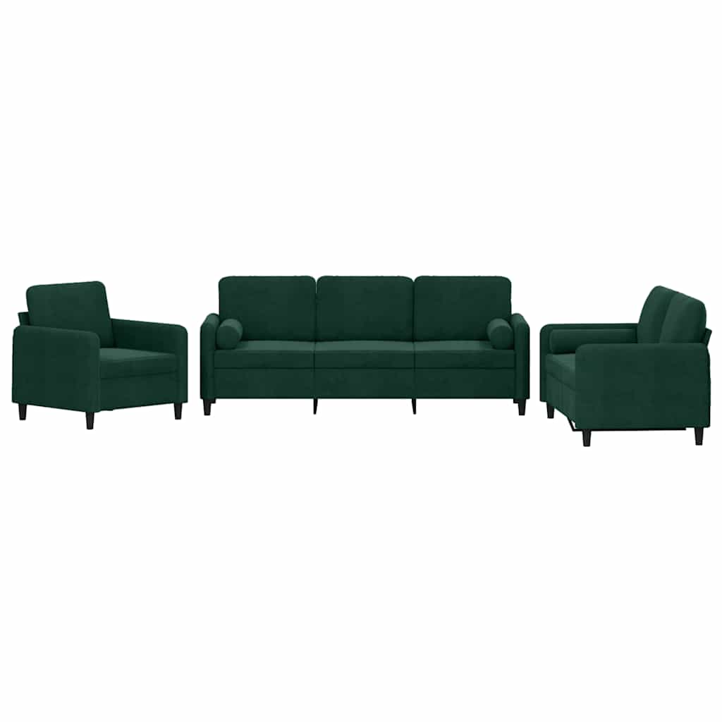 vidaXL Juego de sofás con cojines 3 piezas terciopelo verde oscuro