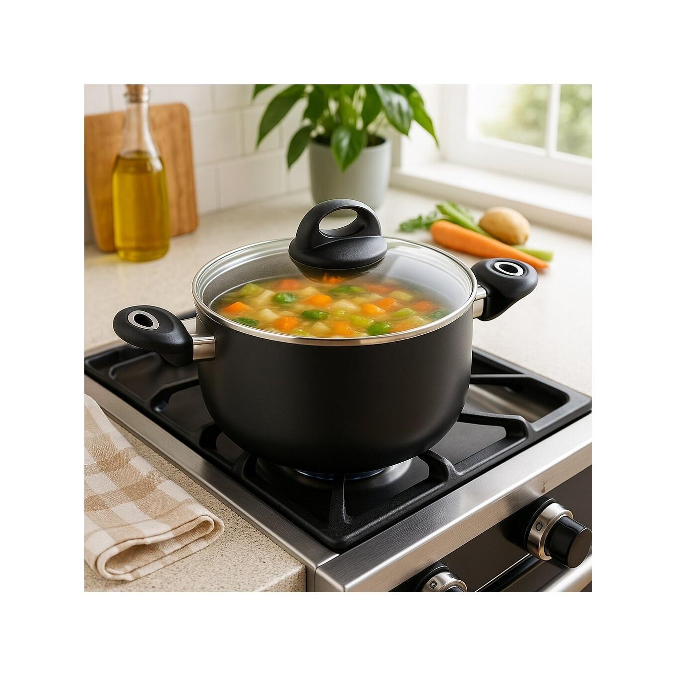 Olla antiadherente con tapa de vidrio y asas laterales resistentes al calor｜Apta para cocina de gas, eléctrica o de inducción｜Ideal para guisos, sopas, pastas y más｜Diseño moderno, fácil de limpiar y resistente