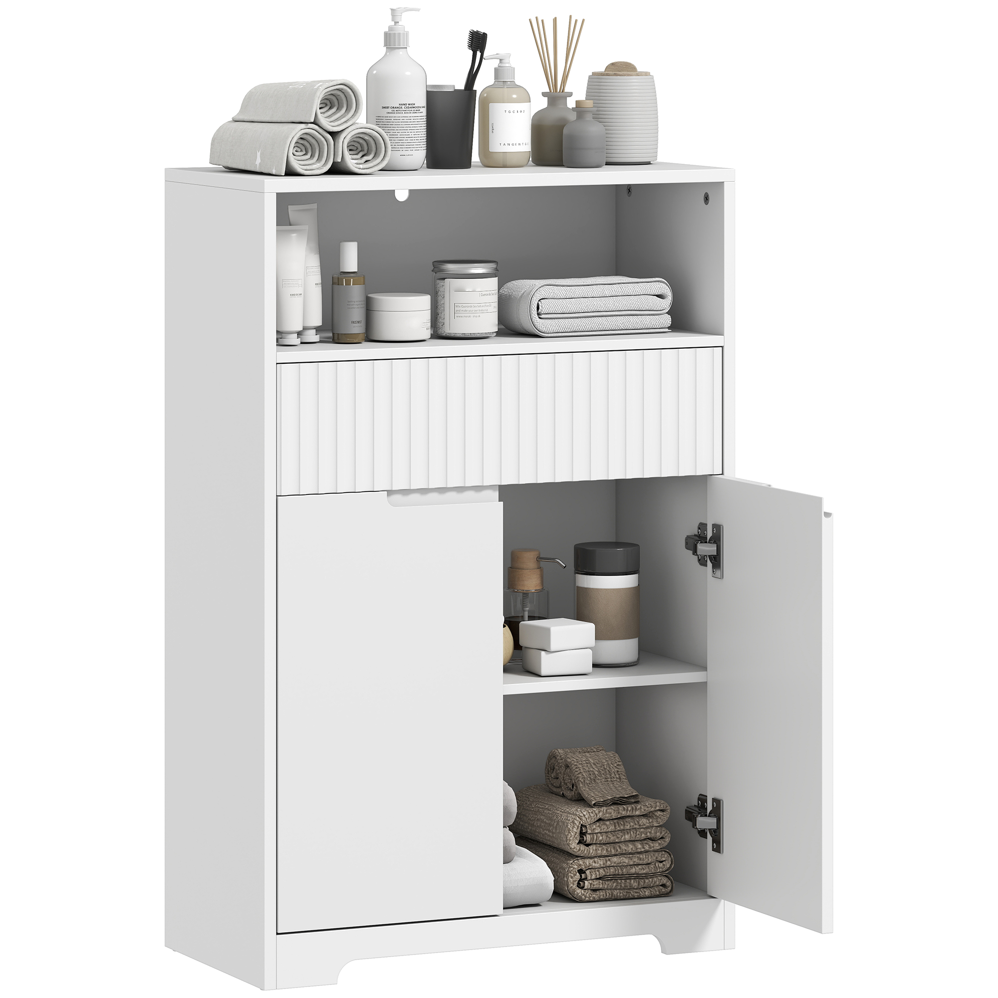 HOMCOM Armario de Baño Estrecho, Mueble de Baño con Cajón de Frontal Acanalado, Estante Abierto, 2 Puertas y Estante Ajustable, Estilo Moderno, 60x30x91,5 cm, Blanco