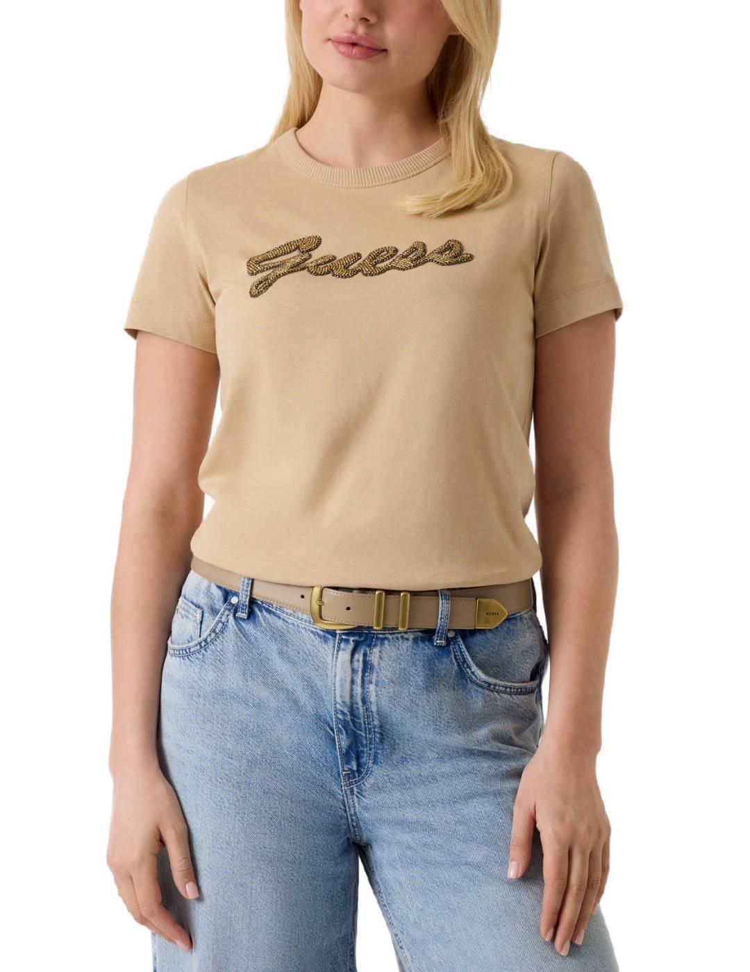 Camiseta Guess Beads regular fit beige de mujer