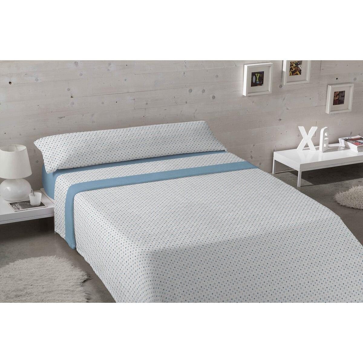 Karamelo - Juego 2 sábanas+funda almohada de coralina estampado estrellas azul
