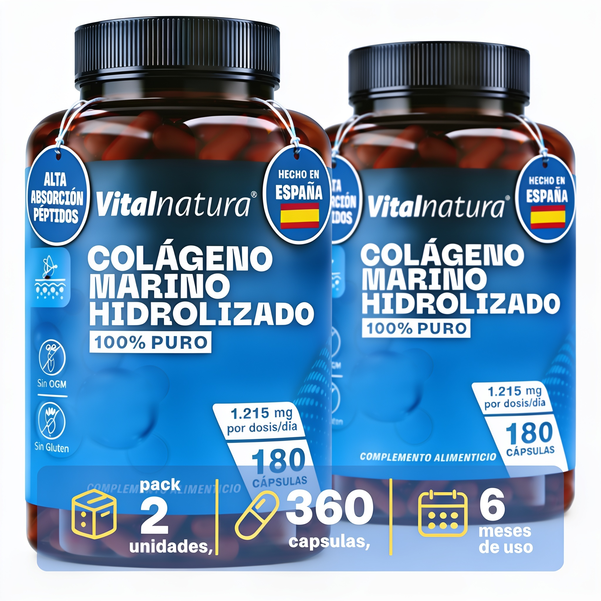Colágeno Marino Hidrolizado Vitalnatura 100% Puro 180 Cápsulas Alta Absorción