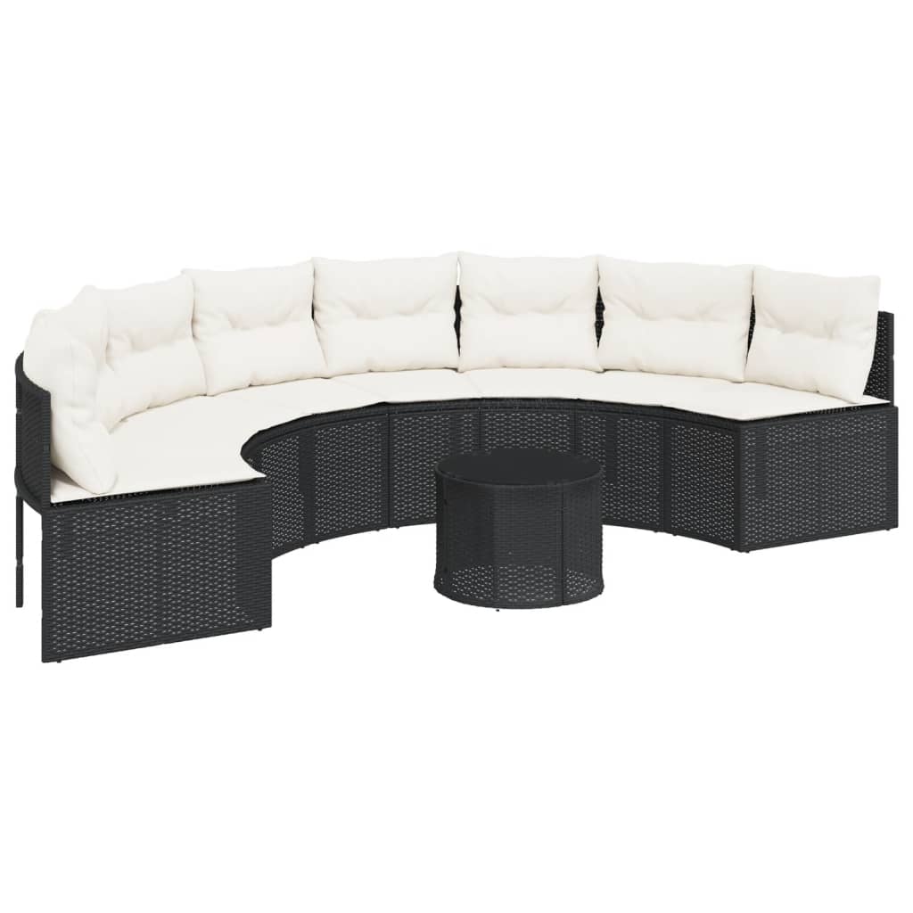 vidaXL Sofá de jardín semicircular con mesa y cojines ratán PE negro