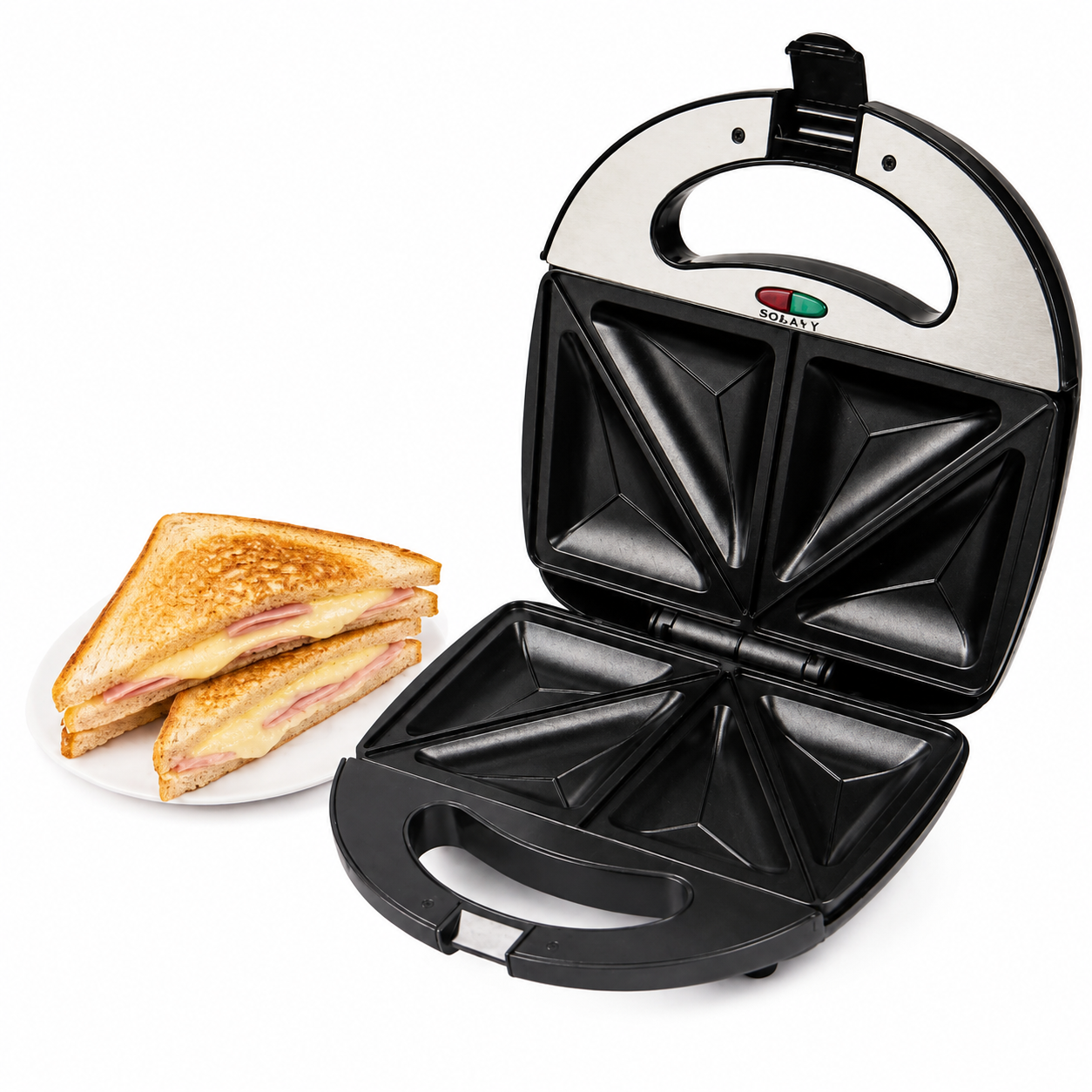 Sandwichera Eléctrica SOKANY 750W para 4 Sándwiches Triangulares, Placas Antiadherentes, Calentamiento Rápido, Indicador LED, Asa de Tacto Frío y Fácil Limpieza