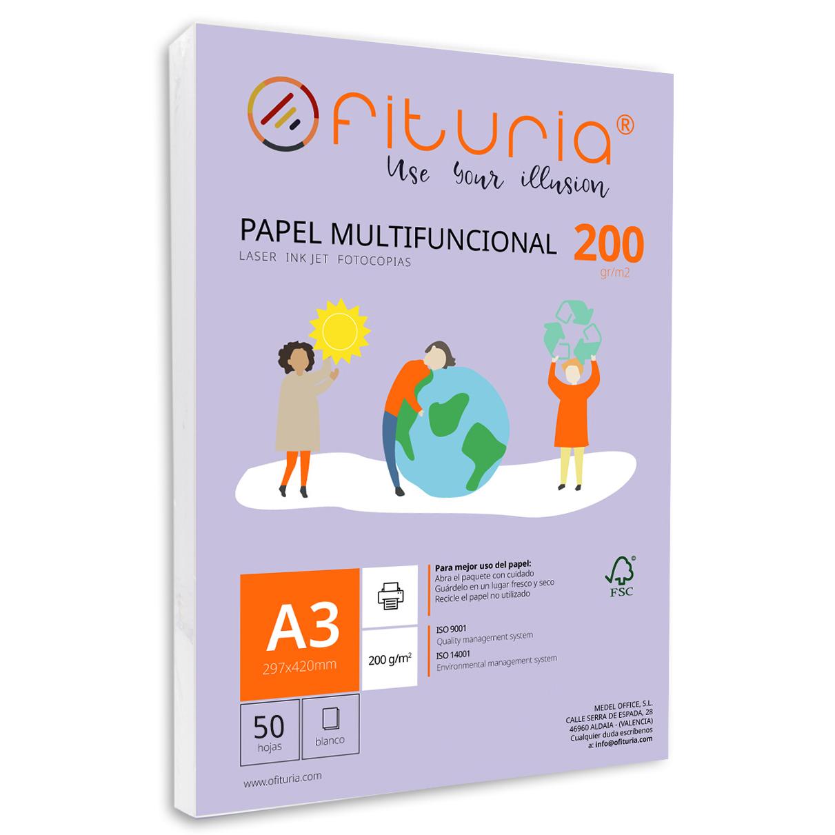 Paquete de folios A3 de 200gr con 50 Hojas Blancas, Papel Multifuncional para Uso Escolar y Entornos Laborales. Ideal con impresoras láser, de inyección o fotocopiadoras - Ofituria