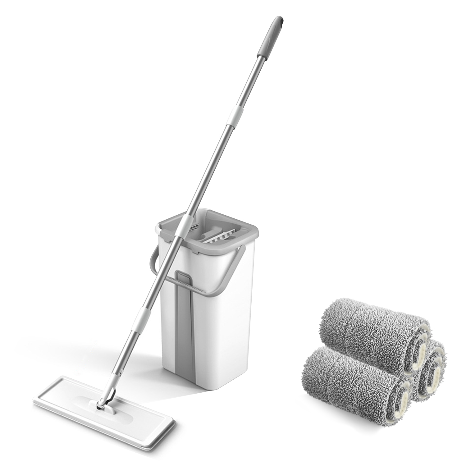 CA Trapeador Plano de microfibra y Balde escurridor, trapeador giratorio de 360 ° y Balde autolavable, trapeador Manos Free para una Pieza suave del piso con 3 almohadillas reutilizables (Blanco) Trapeador para Polvo y Limpiador de Piso