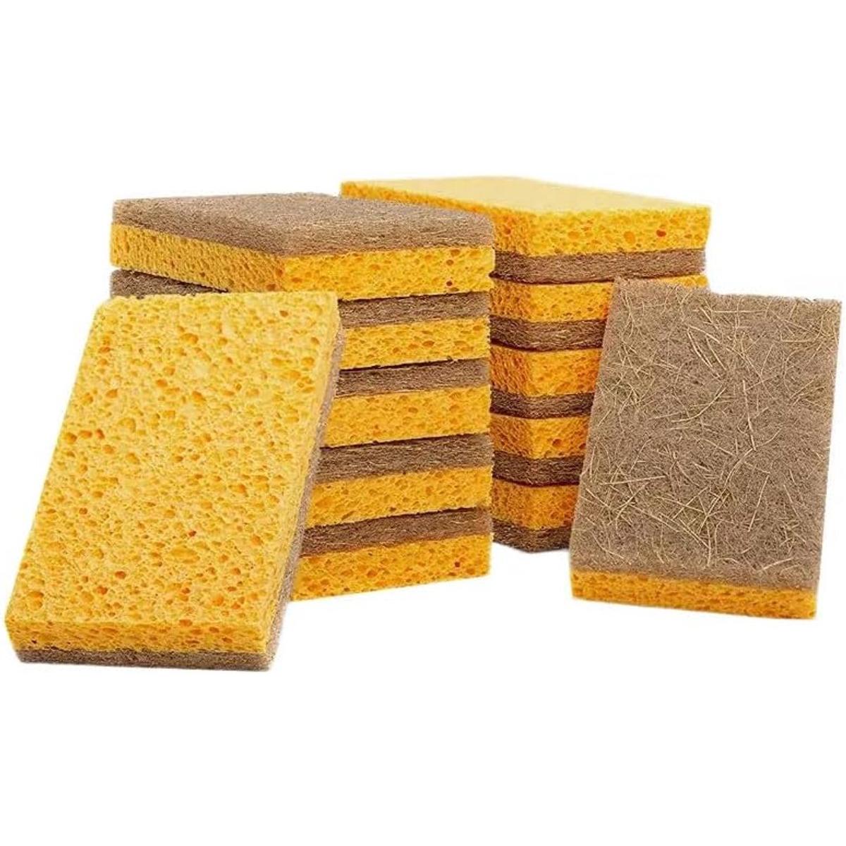 Cepillo de cocina - 6 piezas - Amarillo - Esponja antiarañazos - Esponja de cocina natural - Esponja de doble cara para lavar platos - Esponja biodegradable - Ideal para limpiar la cocina, lavar platos y sartenes antiadherentes - Se puede colgar