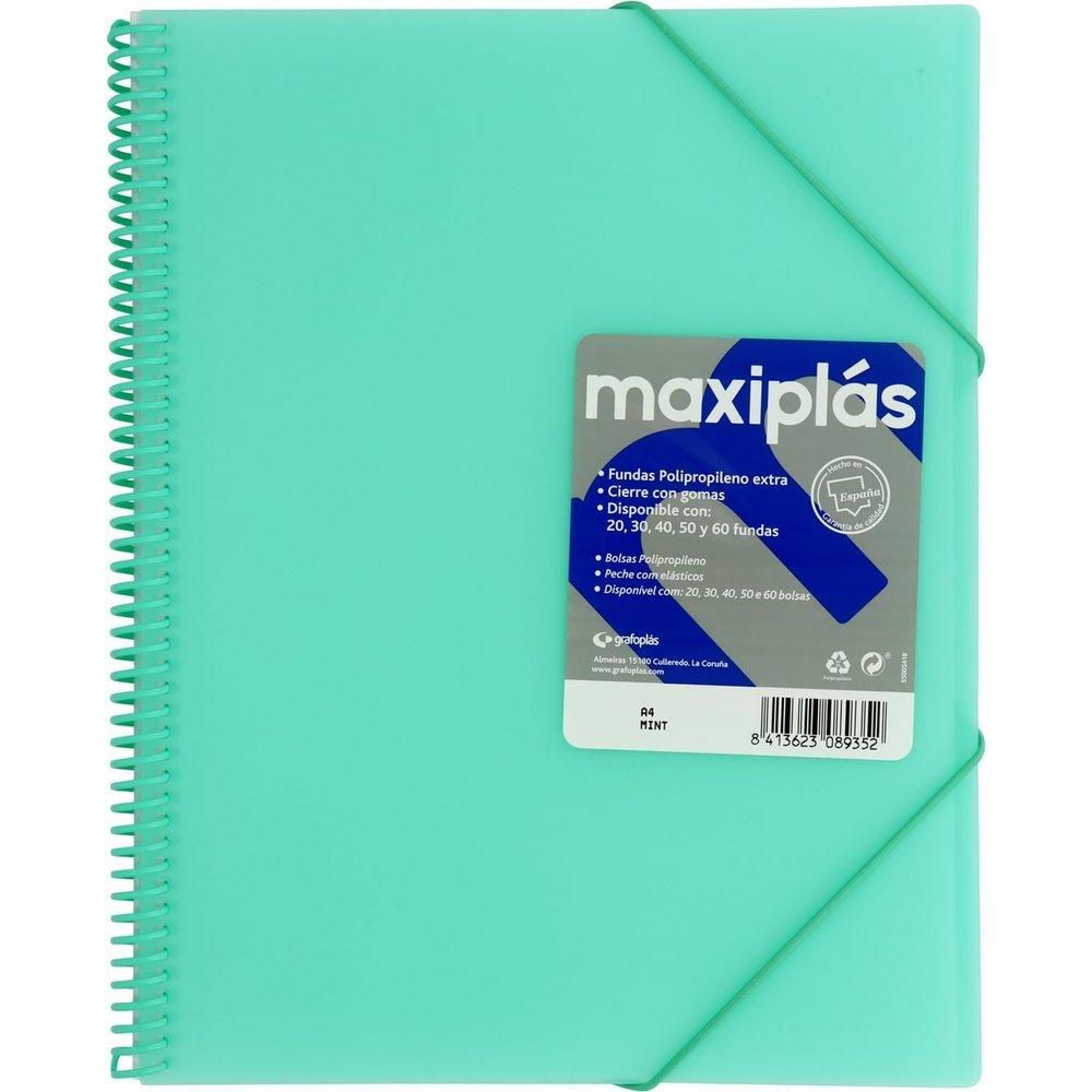 GRAFOPLAS CARPETA 50 FUNDAS A4 MAXIPLAS TRANSPARENTES VERDE MINT ESCOLAR 3x24x31 Cms.
