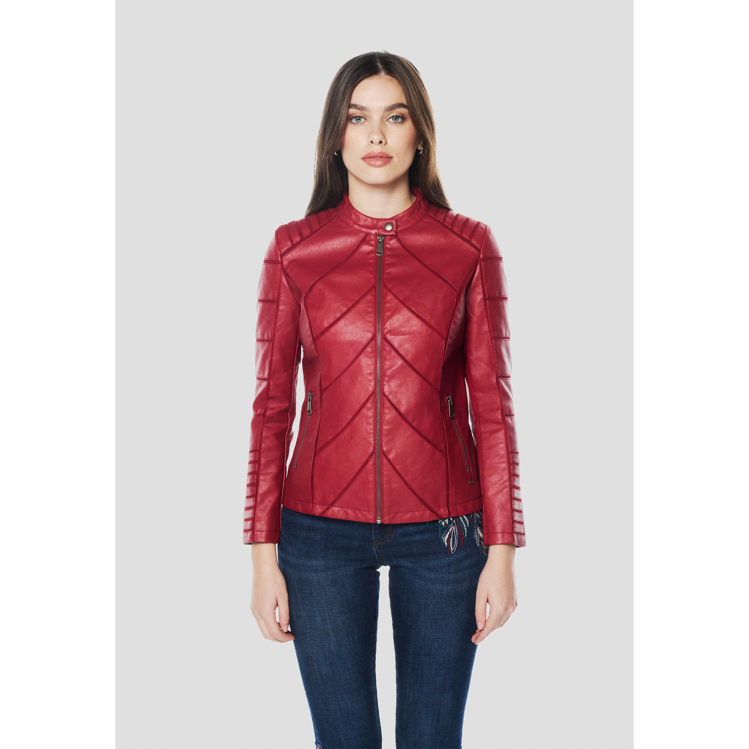 Koroshi - Cazadora biker mujer efecto piel con cuello mao y tirantes, corte favorecedor, 100% poliéster, para street style y ocasiones especiales