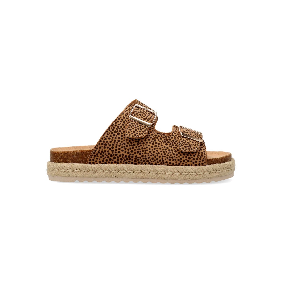 MTNG - Sandalias animal print Padyu para niña, diseño tipo pala con tiras anchas y hebilla, plataforma de yute sobre EVA