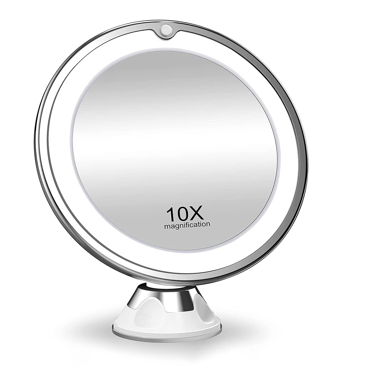 TK Espejo de baño con aumento de 10x, espejo de maquillaje con iluminación LED, soporte de pared giratorio y con ventosa, funciona con pilas (no incluidas).