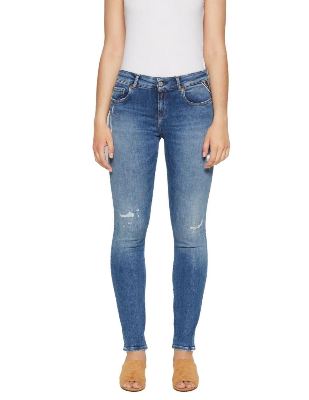 Pantalón Vaquero Replay Hyperflex Faaby Azul Claro Slim Fit con Rotos para Mujer