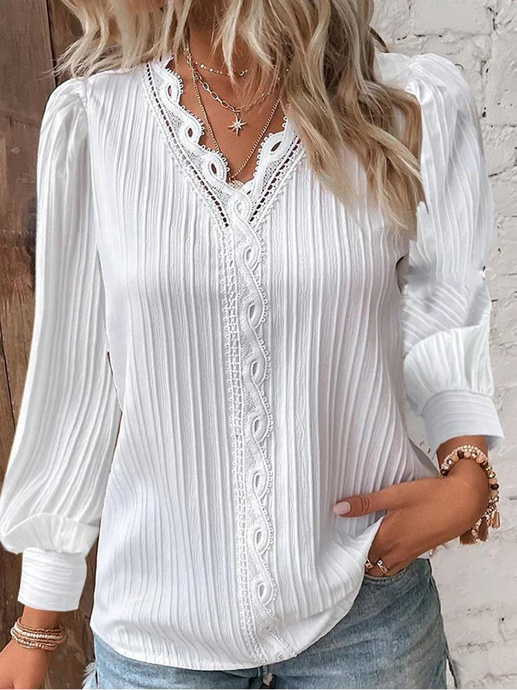 MOV Blusa Elegante De Mujer En Chiffón Negro Con Detalles De Encaje Y Manga Flare Diseño Vacío Y Sencillo Para Oficina