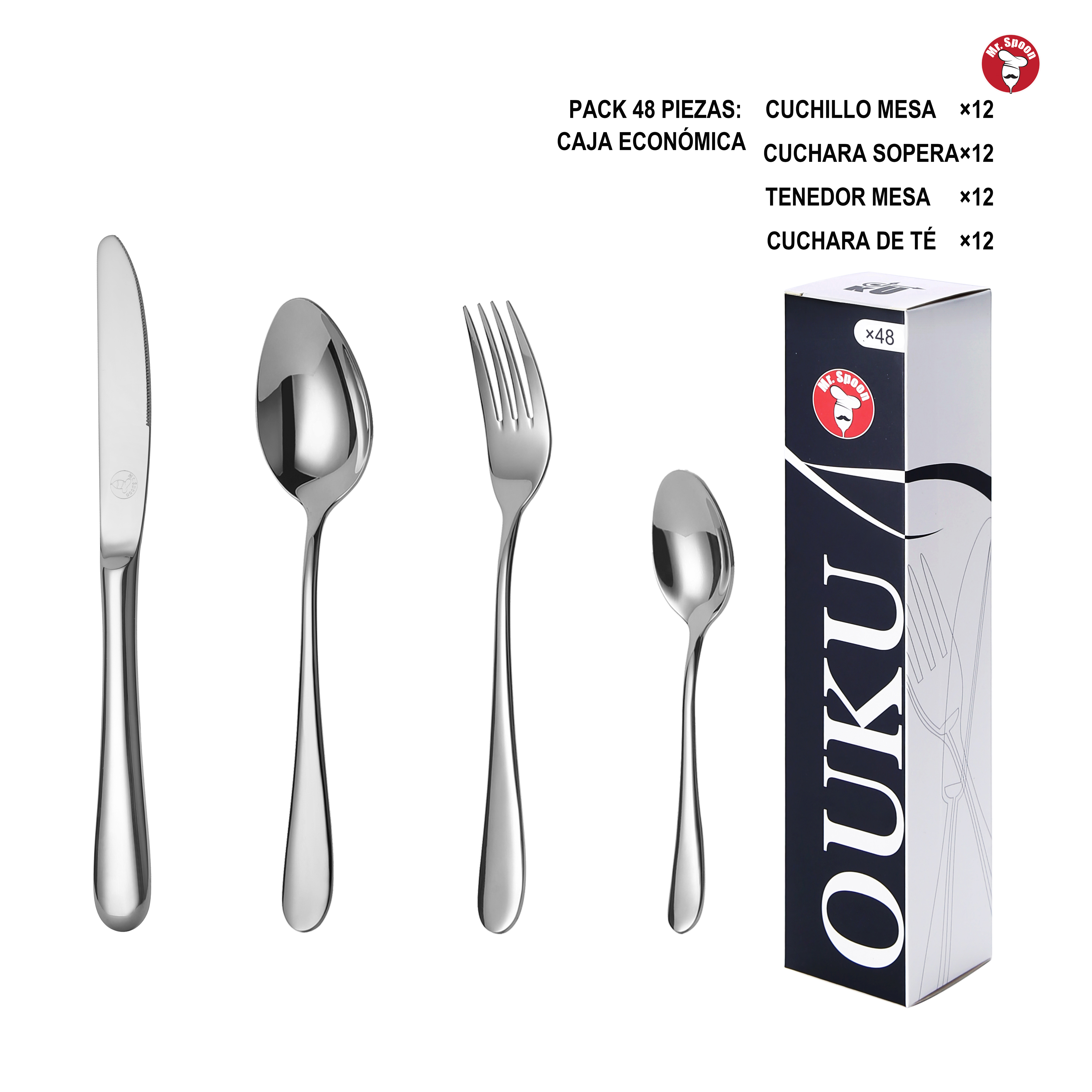 Mr.Spoon Serie Luna Juego 24 a 48 piezas cubiertos,Acero inoxidable 18/10,Plateado,Alta calidad y acabado,Incluye cuchillo carne o mesa,tenedor,cuchara y cucharilla,Diseño moderno y elegante,Apto para lavavajillas,Con estuche regalo o caja ecológica,60201