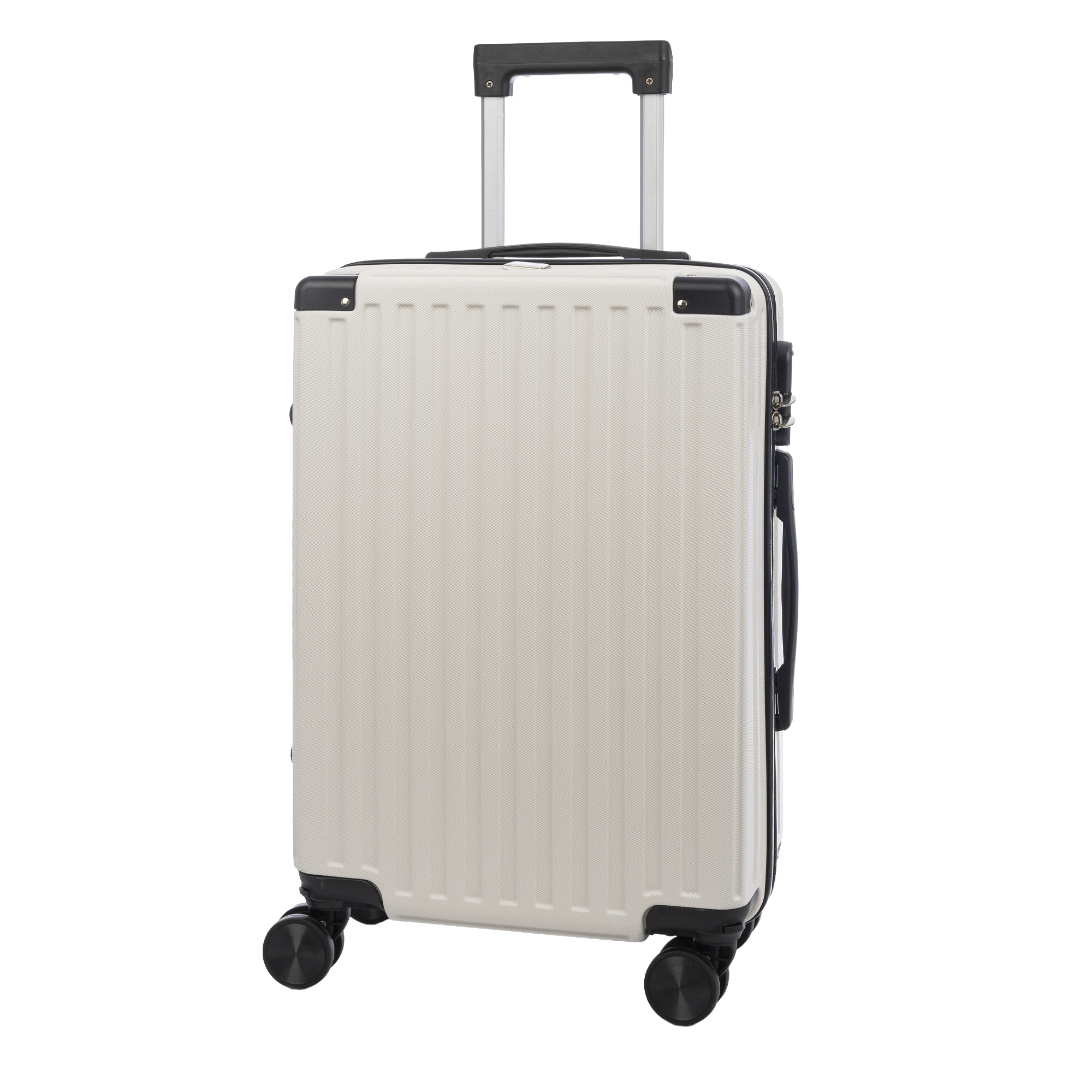 Maleta de cabina Trolley en material ligero de ABS de alta resistencia con esquinas reforzadas. Cerradura numérica y 4 ruedas dobles extraíbles y giratorias 360°.