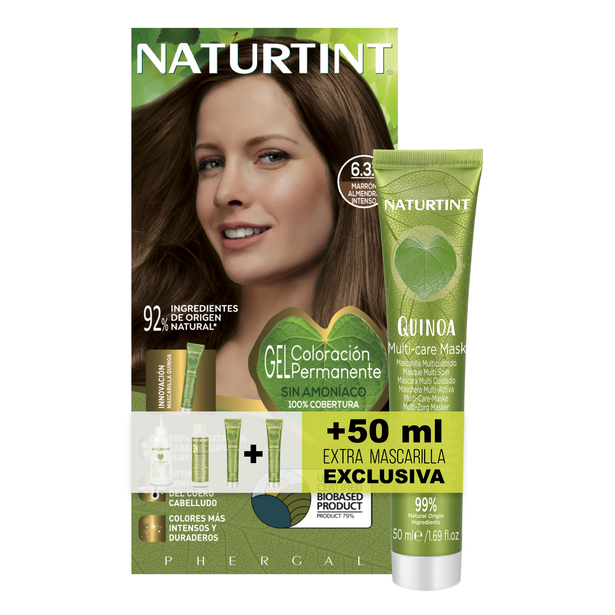 NATURTINT Biobased, Coloración Permanente Sin Amoniaco + Extra Mascarilla 50ml, 100% Cobertura de Canas, Tinte para el Cabello con Ingredientes Naturales, Color Intenso, Natural y Duradero 170ml