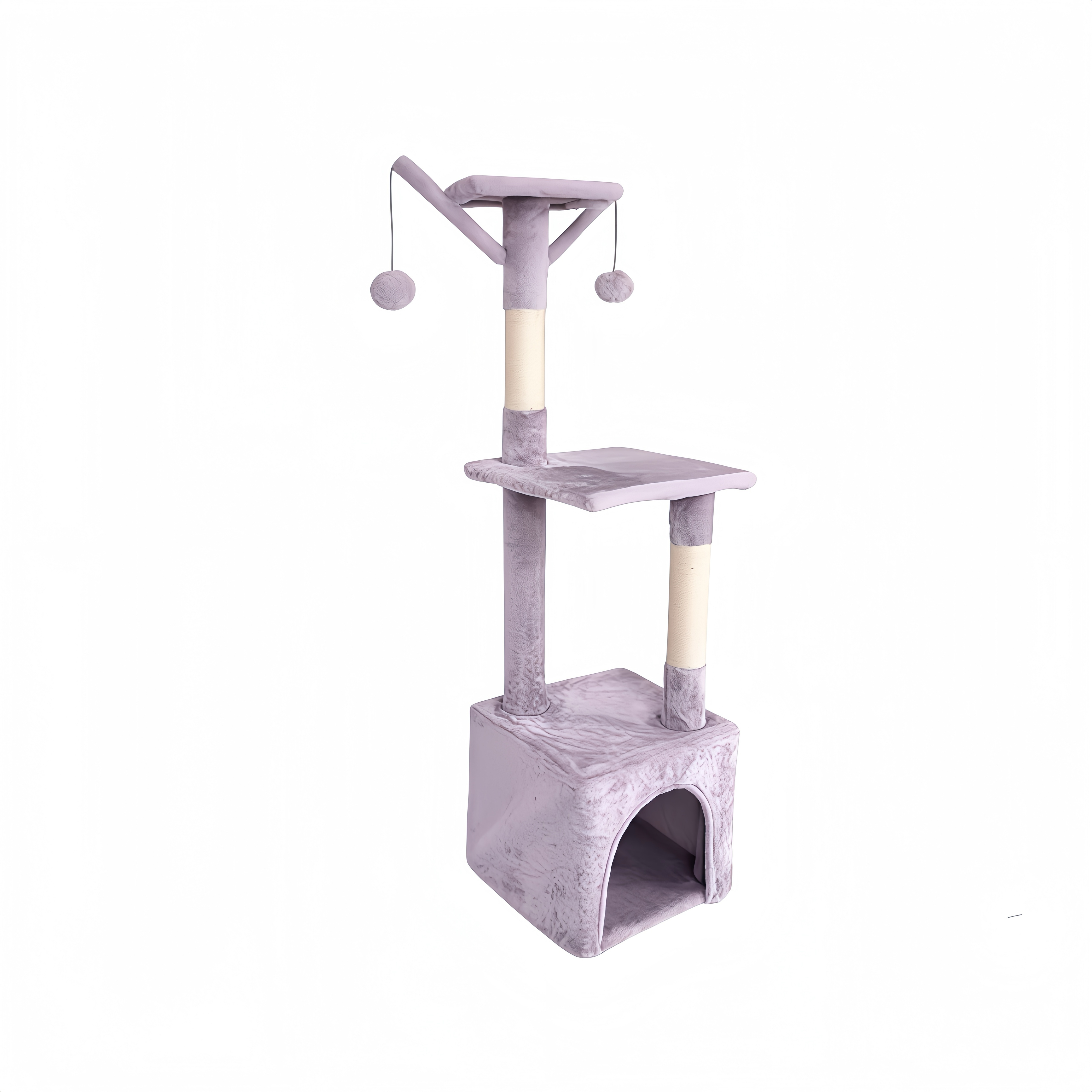 Árbol para gatos 110 cm con cueva, rascador y juguetes – Torre compacta de madera natural para gatos, plataforma estable y diseño multifuncional para interior