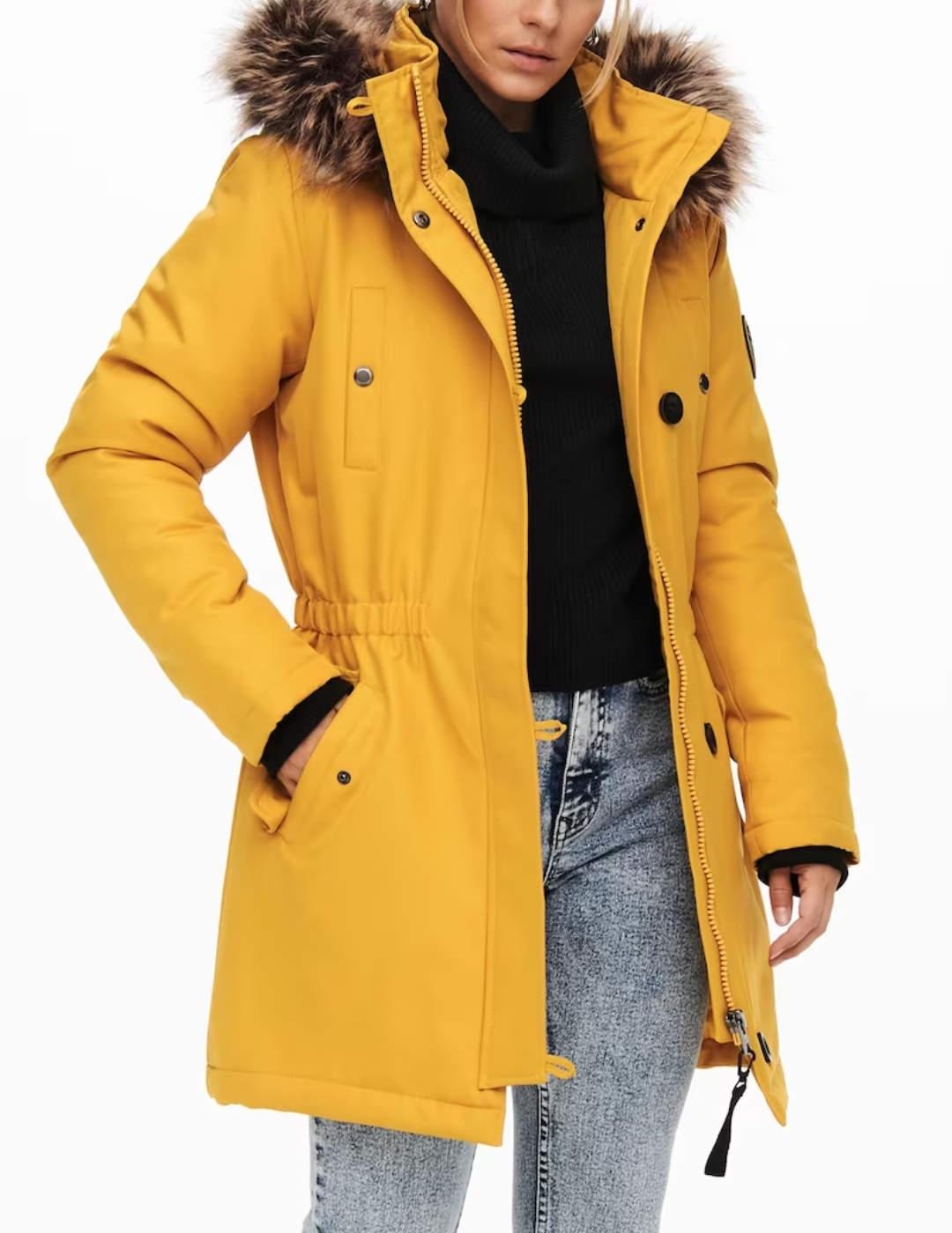 Parka Only Iris mostaza con capucha y pelo sintético mujer