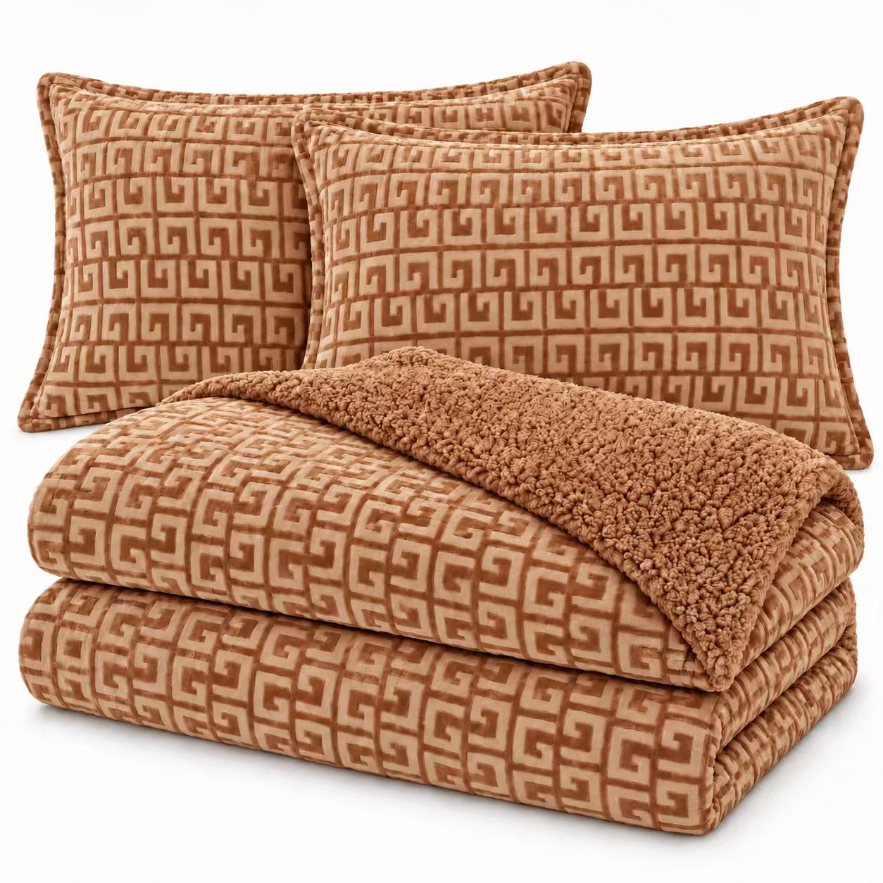 Manta Edredón para Cama con Fundas de Almohada, Diseño Geométrico en Relieve, Reverso de Borreguillo, Tejido de Poliéster, Suave y Cálida, para Camas de 90, 135 y 150 cm