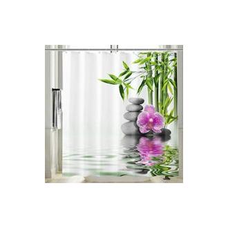CA Cortina de ducha Zen antimoho con estampado 3D de guijarros de bambú, 180 x 200 cm, impermeable, de poliéster, con estampado de orquídeas, lavable, color blanco y verde