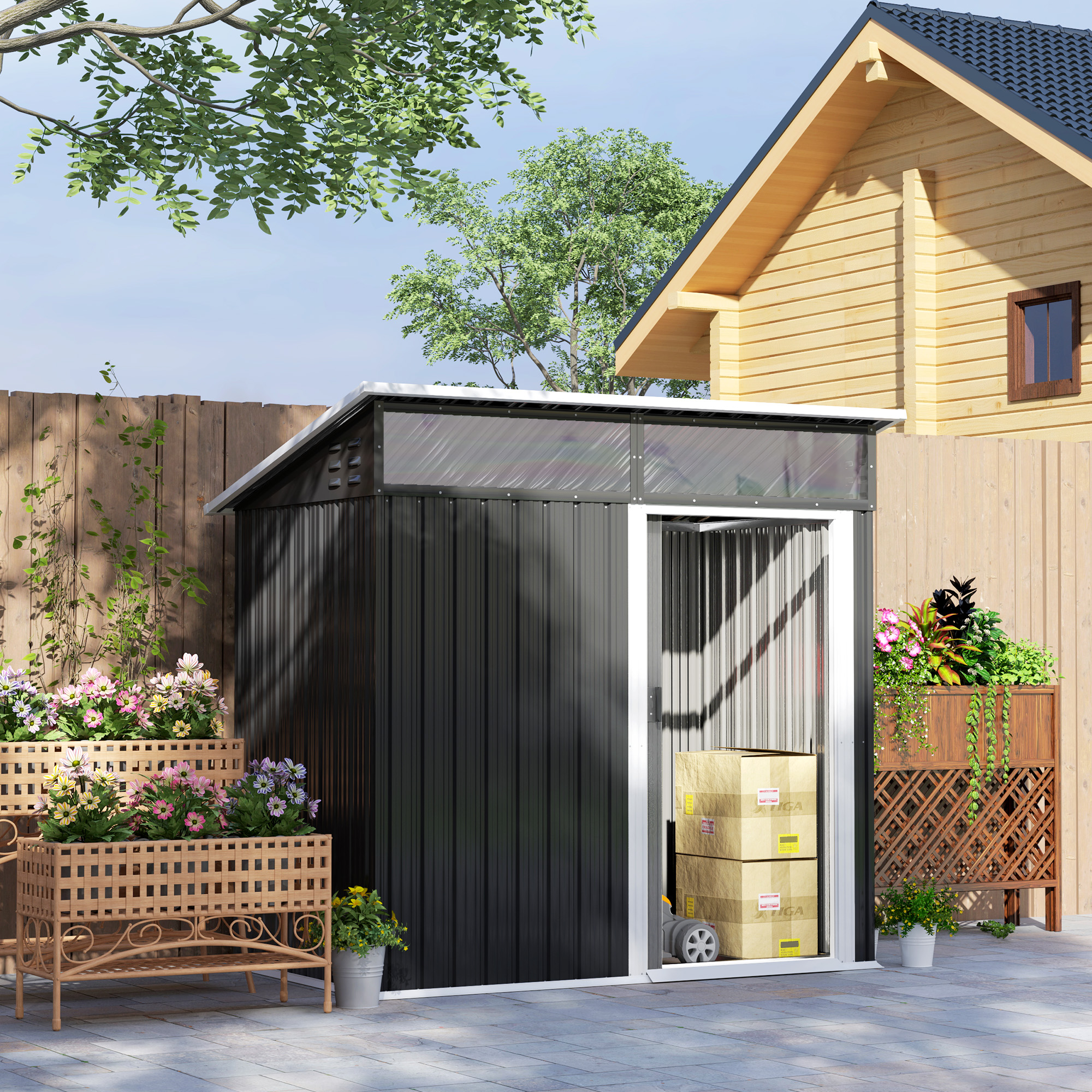 Outsunny Caseta de Jardín Exterior 1,9m² 195x122x182 cm Cobertizo de Jardín Exterior con Base Refuerzo (Suelo NO Incluido) Puerta Corredera Ventanas Cobertizo para Terraza Patio