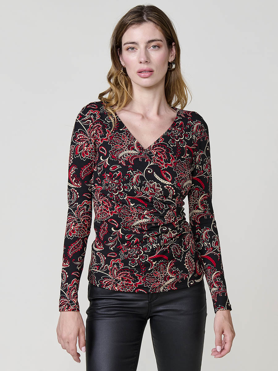 Koroshi - Camiseta de escote cruzado con frunces frontales y estampado cachemira bohemio para mujer, 100 % poliéster, color negro