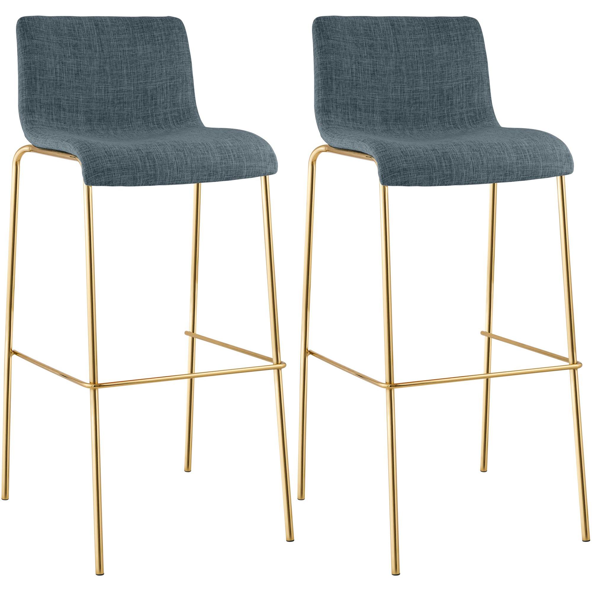 Set de 2 Taburetes de Bar Hover de Tela con Estructura de Cuatro Patas Dorada Azul